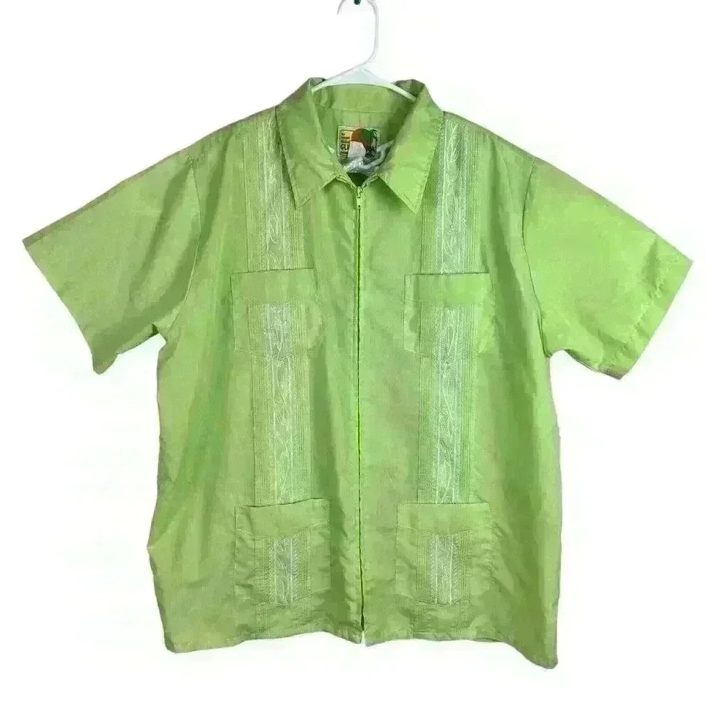 The Genuine Haband Guayabera Full Zip Cuban Cigar Bowling Shirt Lime Green Men’s